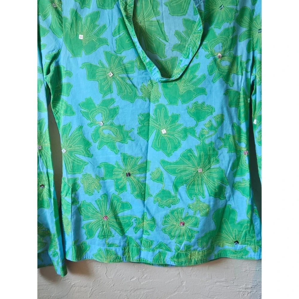 Tory Burch Blue Green Floral Long Sleeve V Neck Blouse‎ Shirt Women's Size 2